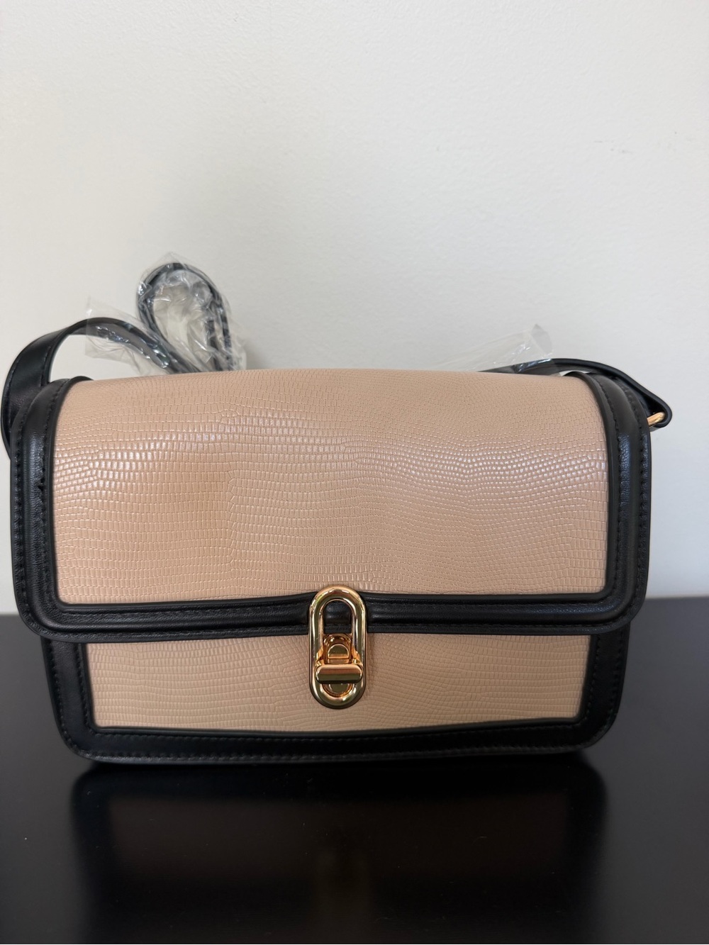 Beige and Black Crossbody Bag with Gold Hardware